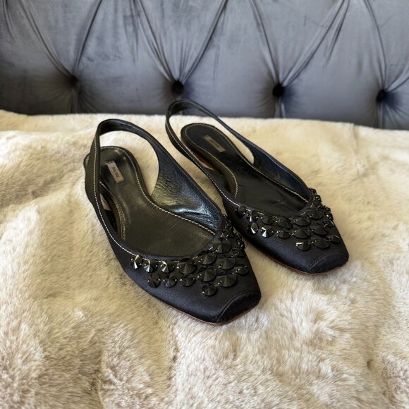 Miu Miu Ballet Satin Sling Back Flats With Crystals - Picture 2 of 6